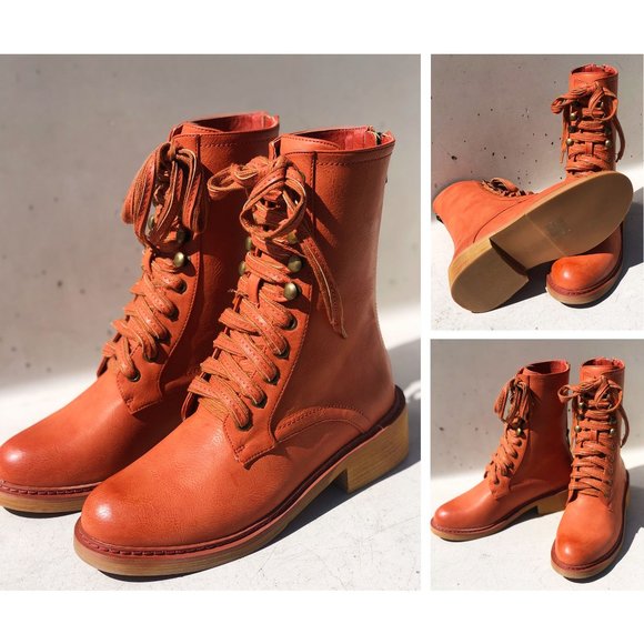 NEW Cognac Orange Laced Up Zipper Back Wooden Heel Mid Calf Ankle Combat Boots - Picture 12 of 13